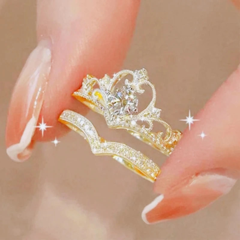 2PCS Crystal Crown Adjustable Ring Irregular Geometry Vintage Rings Set for Women Girls New Fashion Jewelry image 2