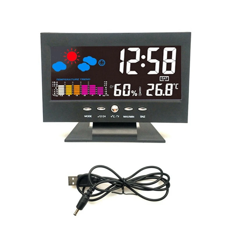 1Set Lcd Color Screen Digital Snooze Alarm Clock Temperature Humidity Time Date Display Clock Home Black