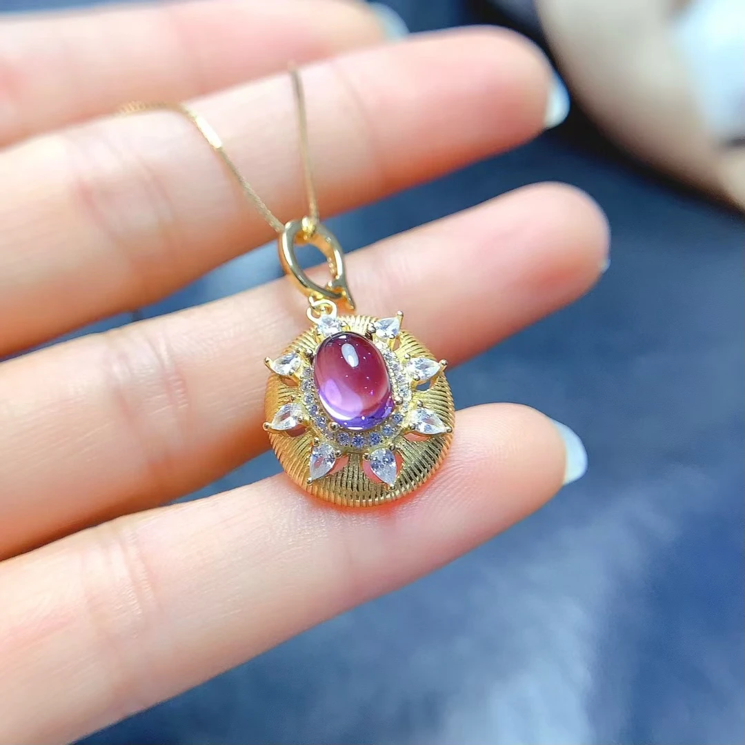 6mm*8mmm VVS Natural Cabochon Amethyst Pendant 925 Silver Amethyst Jewelry with Thick Gold Plating Pure Crystal Silver Pendant