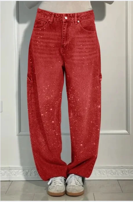 Wide Leg Lady Jeans Diamonds Denim Straigt High Waist Zipper Female Pants 2025 Fashion Pockets Street Lady Trouser