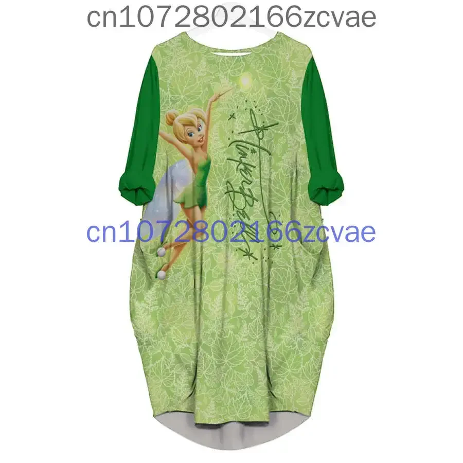 New Tinker Bell abito tascabile a pipistrello da donna Disney 3D stampato Oversize Fashion Street Girls Pullover abito a maniche lunghe