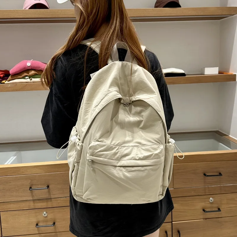 Korean Style Solid Nylon Backpack for Women Large Capacity Drawstring Pocket Schoolbag Casual Travel Laptop Rucksack