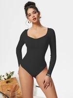 Autumn Winter Women's Long Sleeve Square Collar Bodysuit Solid Color Casual Ribbed Bodysuit Elastic Knitted Slim Bodysuit - Image 2