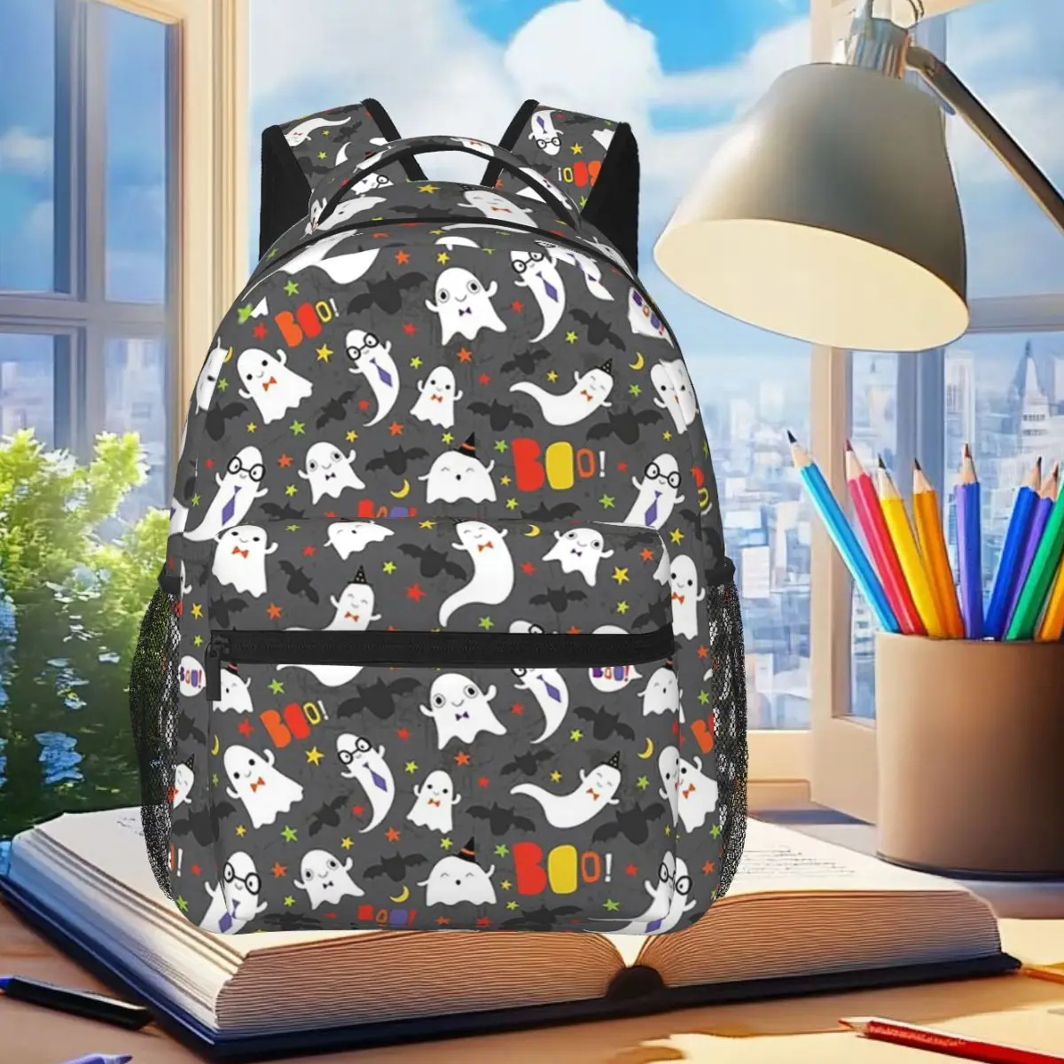 

Spooky Ghost Halloween Cartoon Backpack Student Boys Girls BookBag Children School Bag Computer Shoulder Bags for Men Women