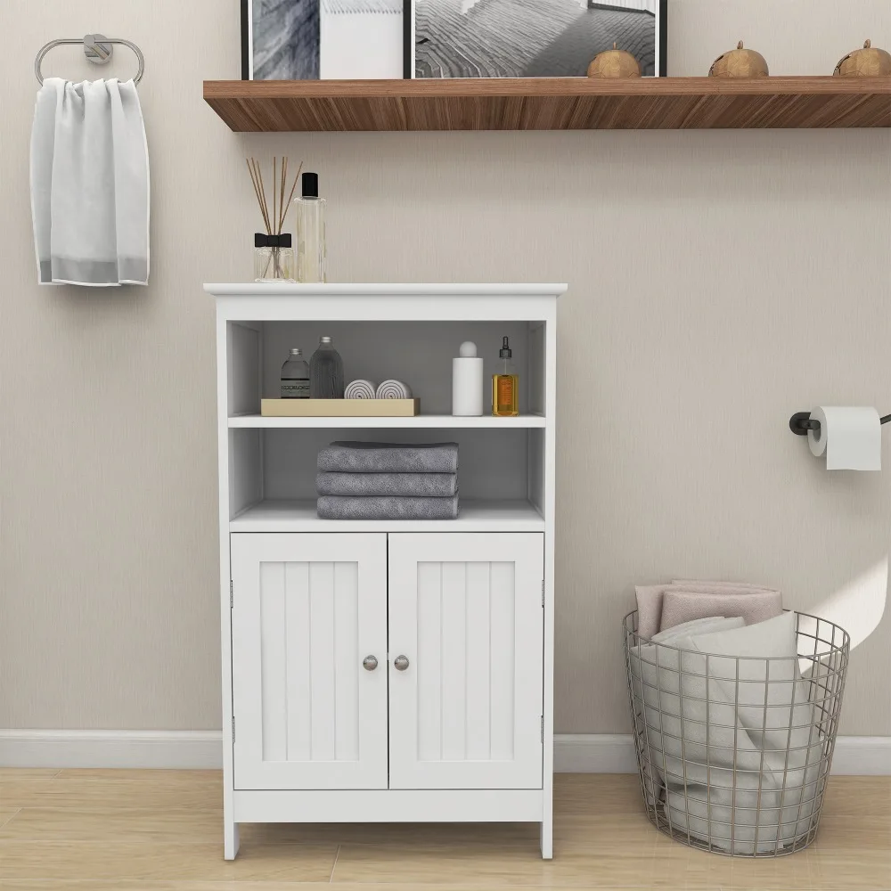 

1pc Bathroom Floor Cabinet, Freestanding 2 Doors And 2 Shelves, Wood Storage Organizer Cabinet For Bathroom And Living Room, Whi
