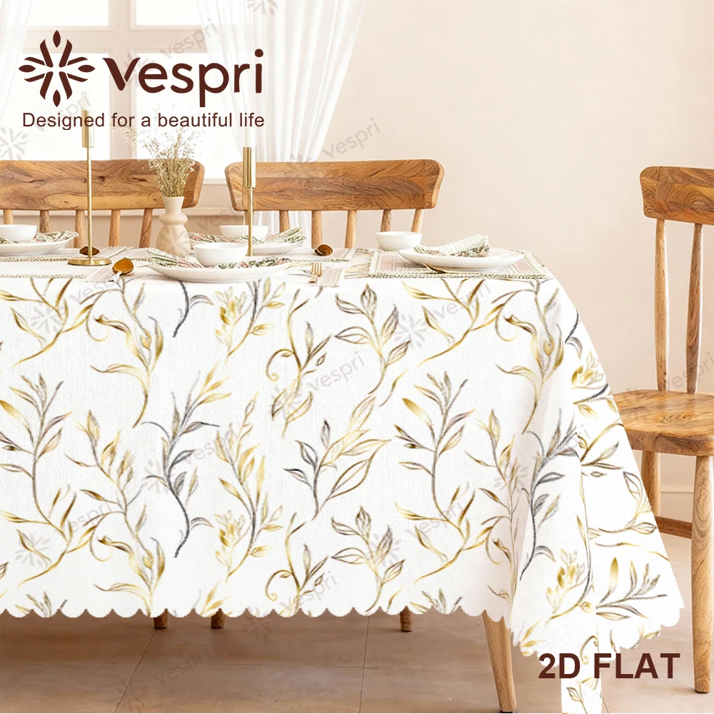 Mantel Floral Vespri para Pascua, con Hojas y Ramas Blancas y Doradas, Redondo, Rectangular, Ovalado