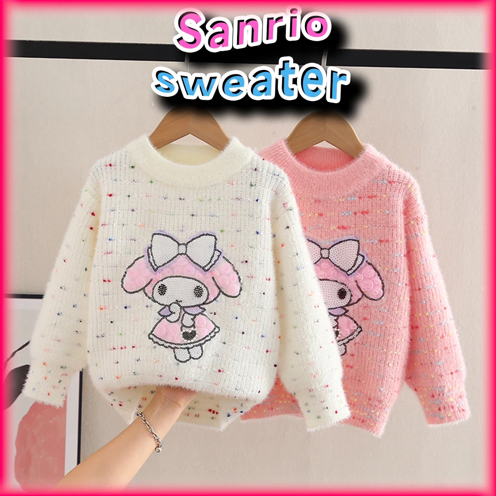 Kawaii 2024 New My Melody Kids Thicken Knit Plush Sweater Pullover Sanrio Anime Girls Clothes Cute Autumn Long-sleeves Warm Top