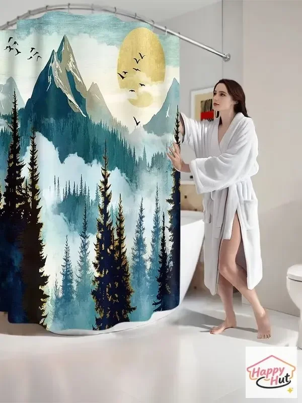 

Занавеска для душа с изображением горного лесного пейзажа, машинная стирка, всесезонная, водонепроницаемая, защита от посторонних глаз, дизайн с природным мотивом, 12 крючков