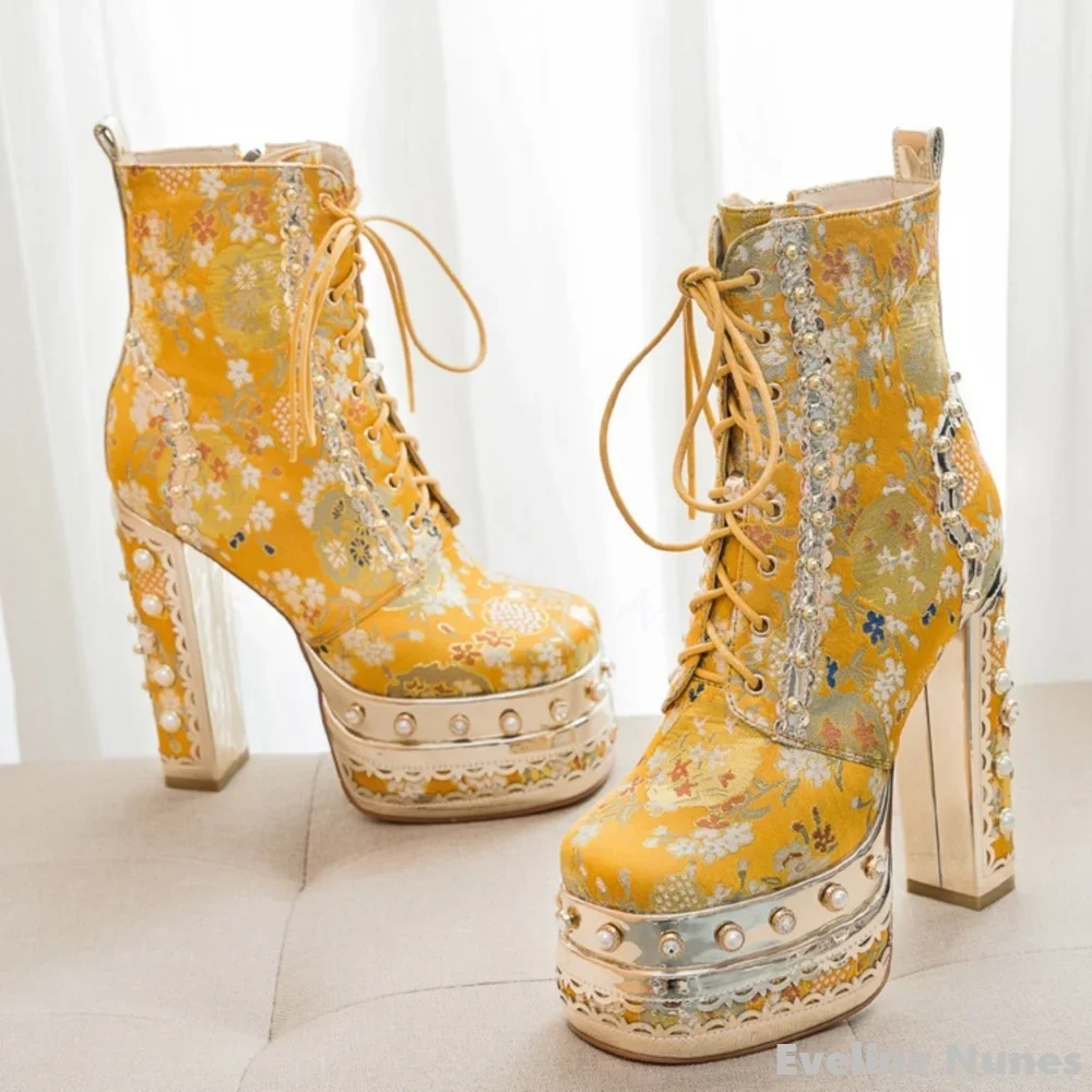 

Mixed Colors Embroidery Thick Sole Ankle Boots Women Shiny Rhinestone Square Toe Cross Strap Wedding Shoes 2024 New Fashion Boot