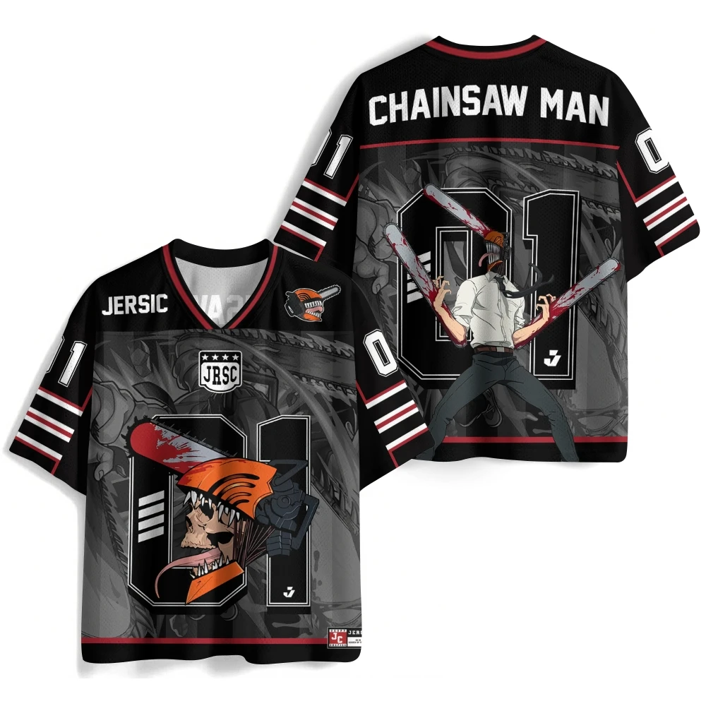 Men's Chainsaw Man Denji Printed Short Sleeve Jersey V Neck 01 Number Anime Graphic Sports Wear for Fans Casual Streetwear