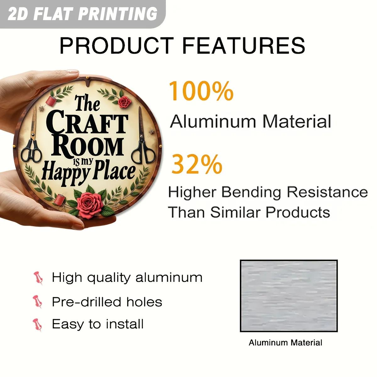 لافتة ألومنيوم مسطحة ثنائية الأبعاد، قطعة واحدة لتزيين جدران الغرفة اليدوية - "غرفة الحرف اليدوية هي مكان سعيد"، نمط ريفي 8 × 8 بوصة جدار مستدير #4