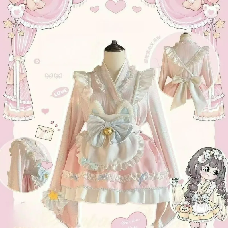 

Kawaii Harajuku Lolita Women Japanese Sweet Cute Bunny Strawberry Print Bow Princess Dress Maid Cosplay Costume Kimono Set