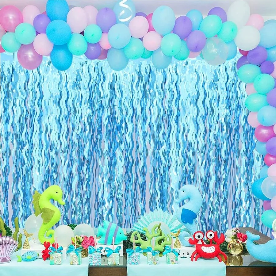3.2*6.6 ft Wavy Tinsel Foil Fringe Curtain Photo Booth Props for Mermaid Birthday Under The Sea Party Decorations