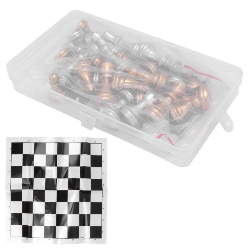 

International Chess Set Electroplating Hot Stamping Gold Silver Portable Chess Set With Plastic Film Chess Board