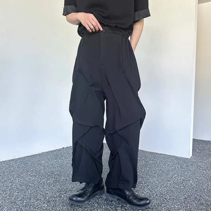 Korean Style Loose Men's Casual Drawstring Pants Straight Wide Leg Solid Color Male Trousers New Stylish Summer 2024