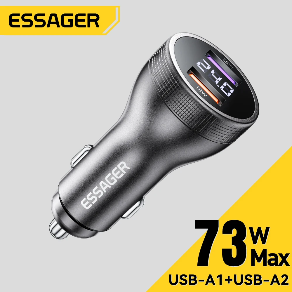 Essager 73W USB A Car Charger Dual Ports USB Phone Charger QC4.0 Fast Charging For iPhone 16 Huawei Samsung iPad Laptops Tablets