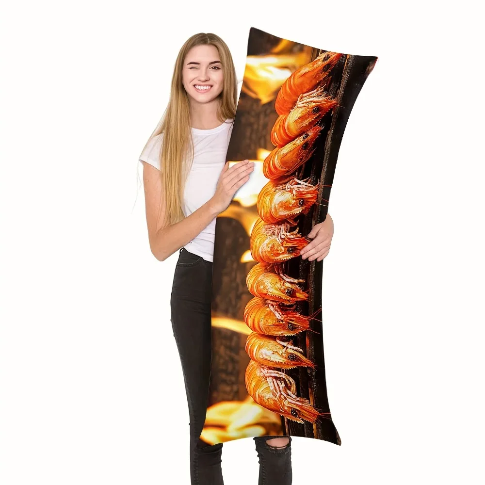 1pc Flip-Side Tropical Grilled Shrimp and Flame Pattern Long Throw Pillow Cover | Double-Sided Print, 100% Polyester, Zipper Clo