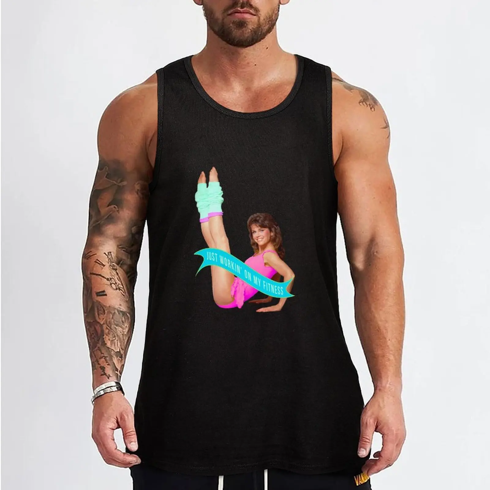 Just workin' on my fitness Jane Fonda Tank Top sleeveless men gym clothing man vest