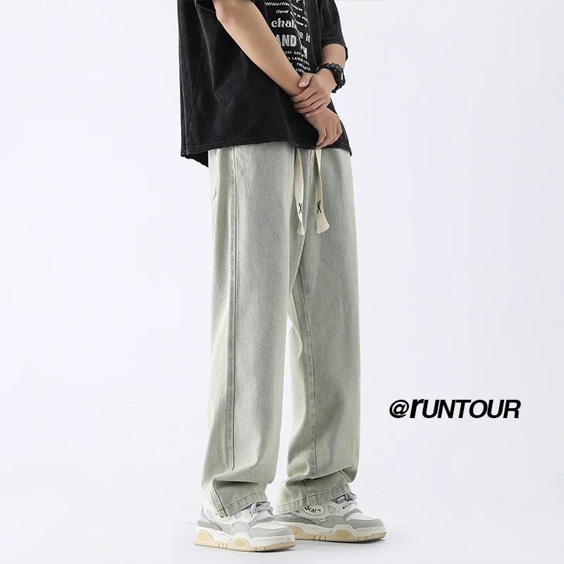 

Spring Autumn Men's Slim Straight Casual Jeans Yellow Mud Thin American High Street Large Size Wide Leg Pants