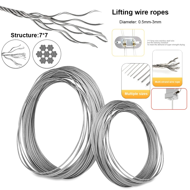 5/10Meters 0.5-3mm Diameter 7X7 Structure 304 stainless steel wire rope thin cable softer fishing lifting cable