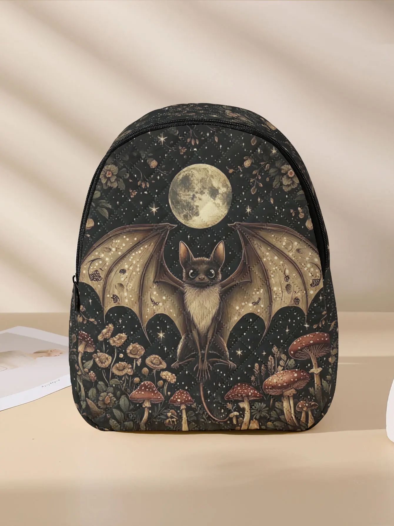 Bat Moon Mushroom Floral Print Quilted Compact Backpack, Suitable For Outdoor, Travel, Campus, Unisex For Men And Women Daily Us view 4