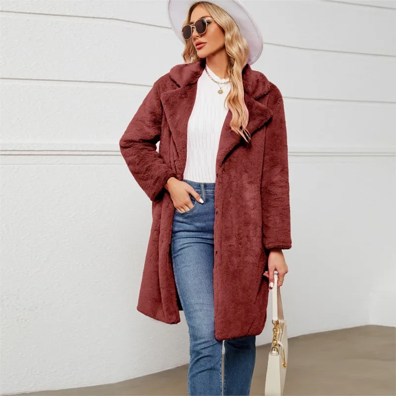Cappotto in tinta unita a maniche lunghe monopetto con risvolto in pelliccia sintetica alla moda per cappotto casual e caldo da donna autunno e inverno 2025