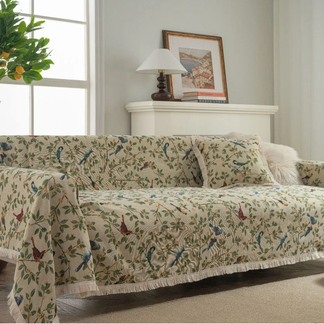 Sofa Towel Prevent Cat Scratching Jacquard Flower Bird Green Retro Festive Thick Sofa Cover Blanket
