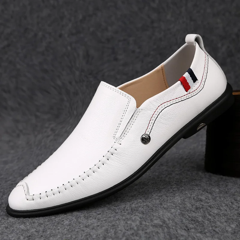 High Quality Men Classic White Top Layer Cowhide Comfortable Loafers Fashionable Outdoor Men Breathable Anti Slip Driving Shoes