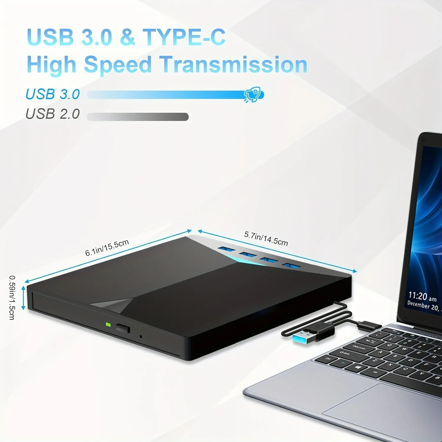 7-in-1 External CD DVD Drive With 4 USB A Ports And TF/SD Card Slots  For Laptop MacBook Desktop PC Windows 11/10/8/7 Linux Mac