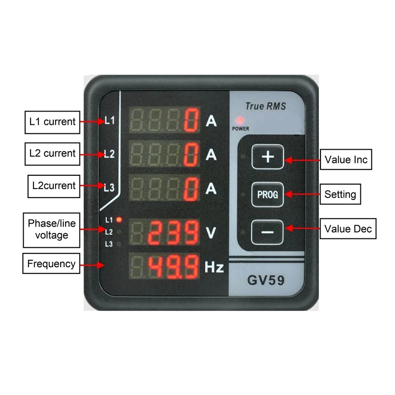 GV58VS DC8-36V มัลติฟังก์ชั่นดิจิตอลเมตร GV59 AC165-265V Genset ชิ้นส่วนเครื่องยนต์