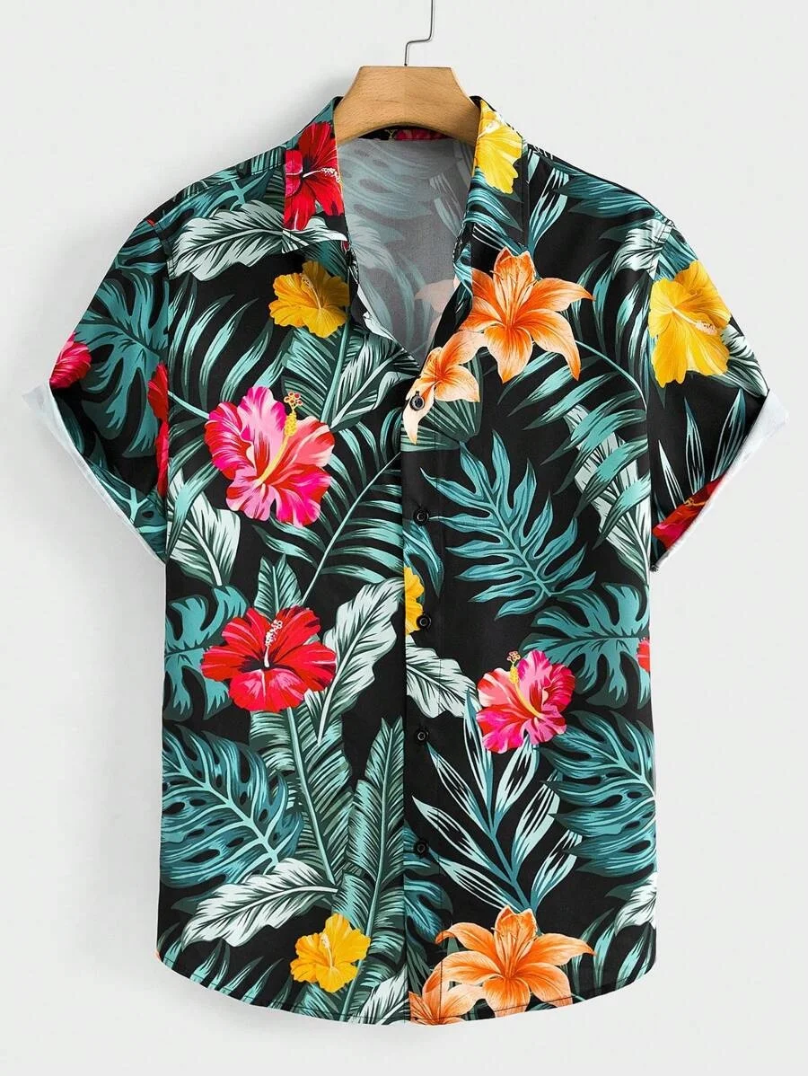 

Hawaiian Printed Short-Sleeved Shirt for Men, Summer Loose Casual Beach Floral Shirt