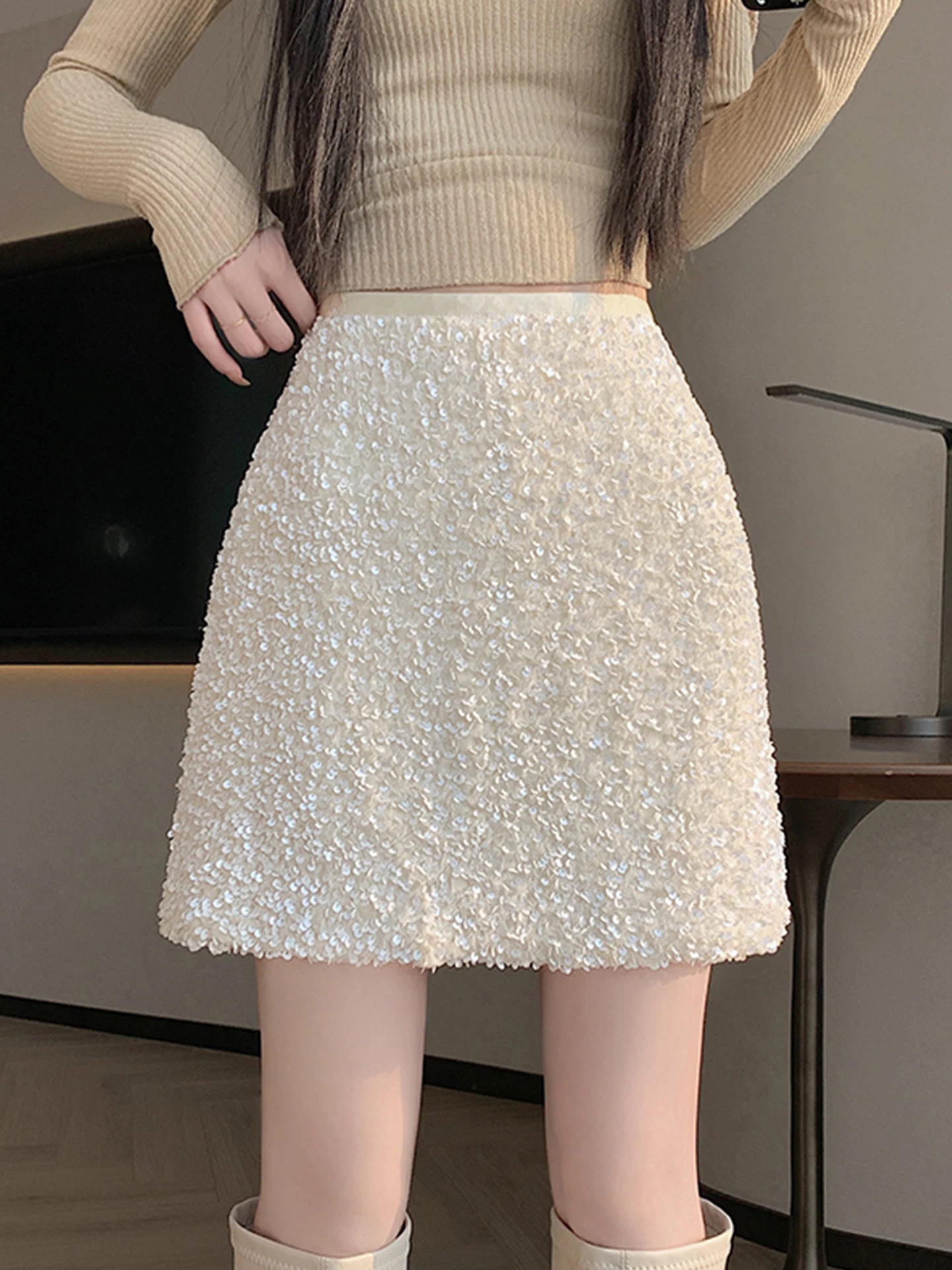 

Emily Clud Recommended iny Sequin A-Line Skirt Women's Autumn Winter Outerwear Prevent Exposure Bodycon ort Skirt