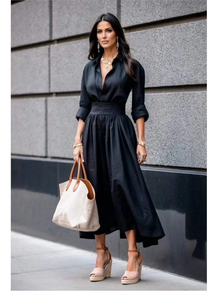 

Spring Autumn Fashion New Solid Color Deep V-neck Long Dress 2025 For Woman Elegant Pleated Long Sleeve Party Dresses Vedtidos