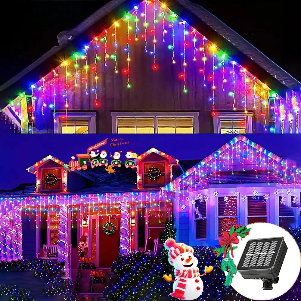 96 LED Solar Curtain Icicle Light Outdoor Eaves Decor String Lights for Garden Party Yard Christmas Holiday Garlands Decoration