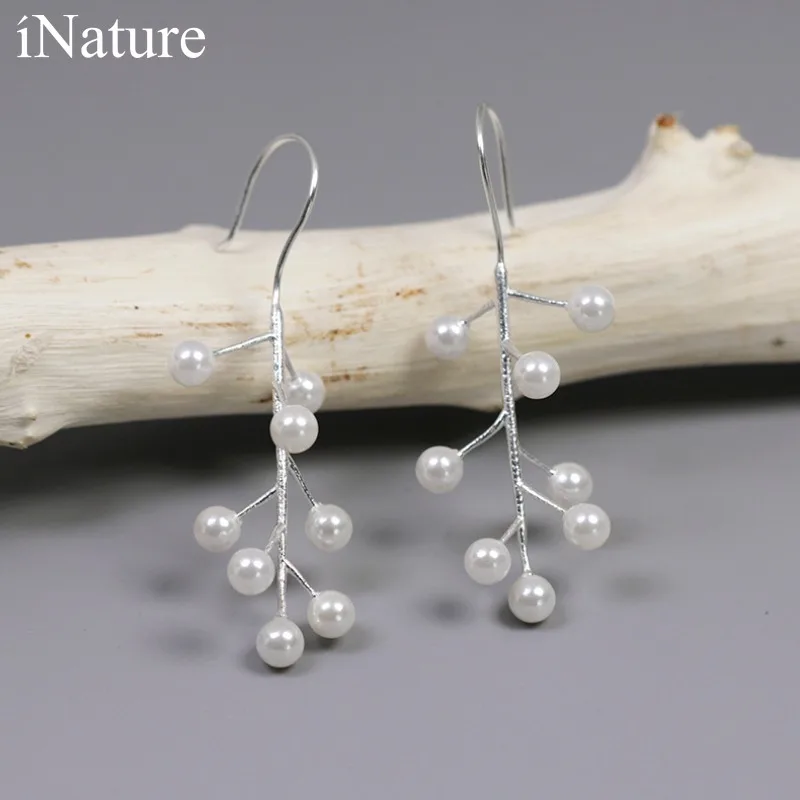 INATURE 925 Sterling Silver Handmade Fine Jewelry Natural Pearl Fruit on Branch Drop Earrings for Women