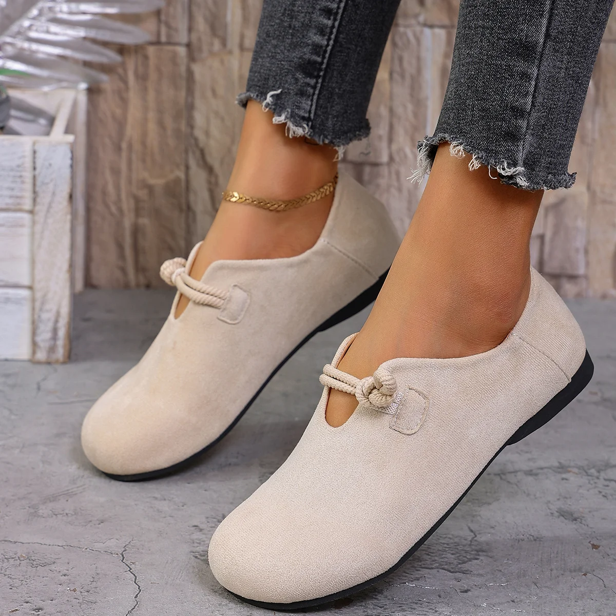 Damen-Loafer mit runder Zehenpartie, geknotetem Seilriemen, Slip-On-Schuhe, weiches Wildleder, bequem, rutschfest, lässige Damen-Flachschuhe für den täglichen Gebrauch. – Detail 1