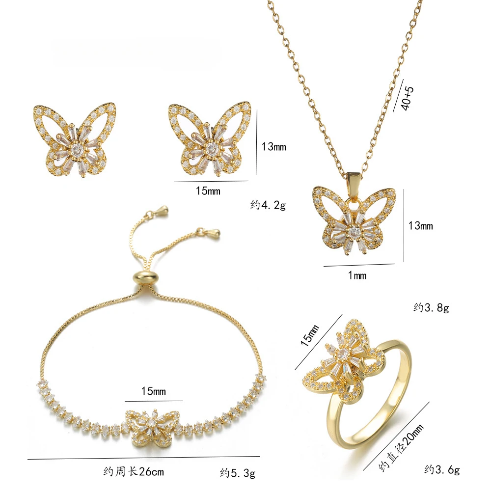 Lucky Rotatable Zircon Butterfly Flower Pendant Necklace for Women Luxury Stainless Steel Earring Bracelet Jewelry Set Colorfast