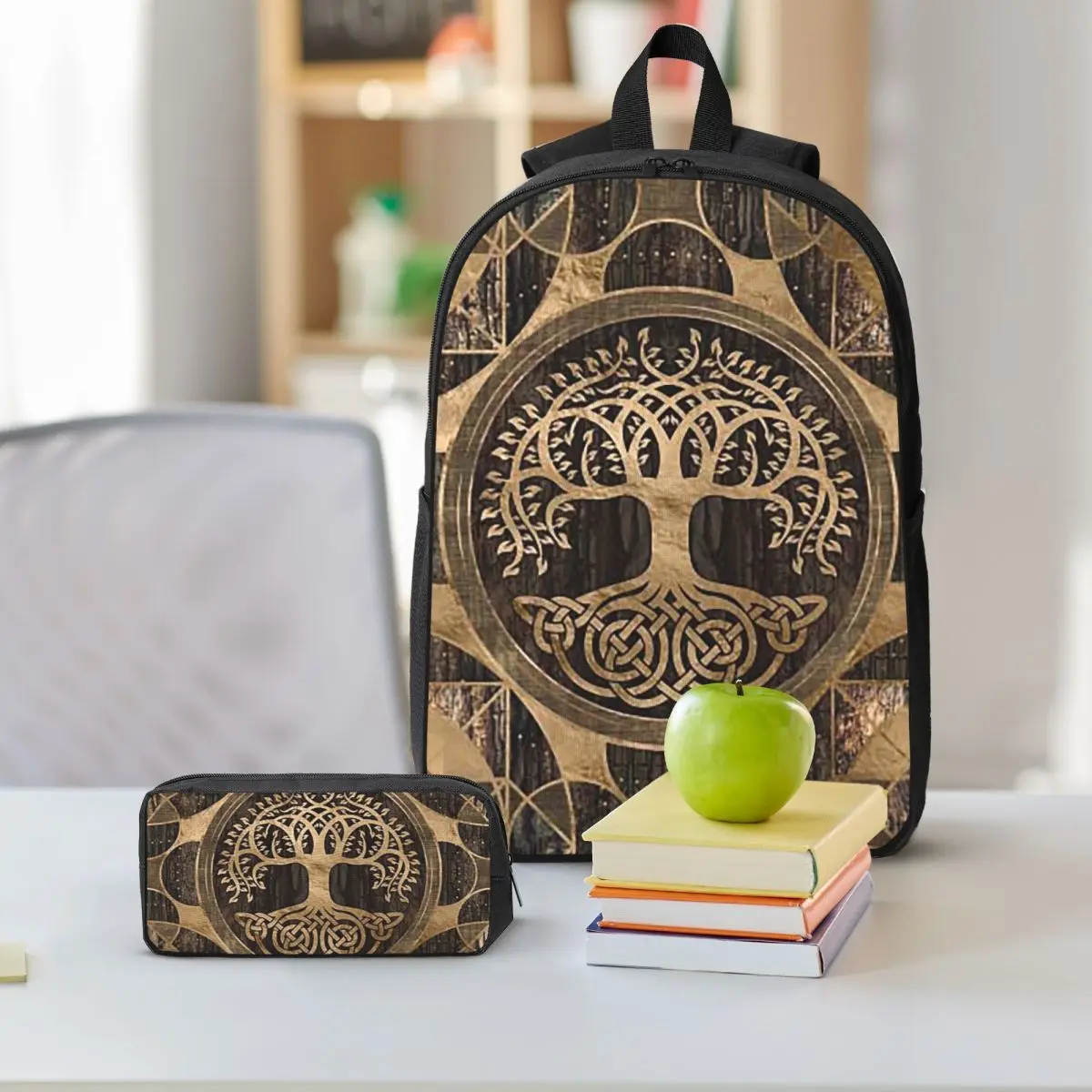 Tree Of Life -Yggdrasil - Wood Bark And Gold Backpack BookBag School Bag Shoulder Bags 3ps Insulated Lunch Bag Pencil Case