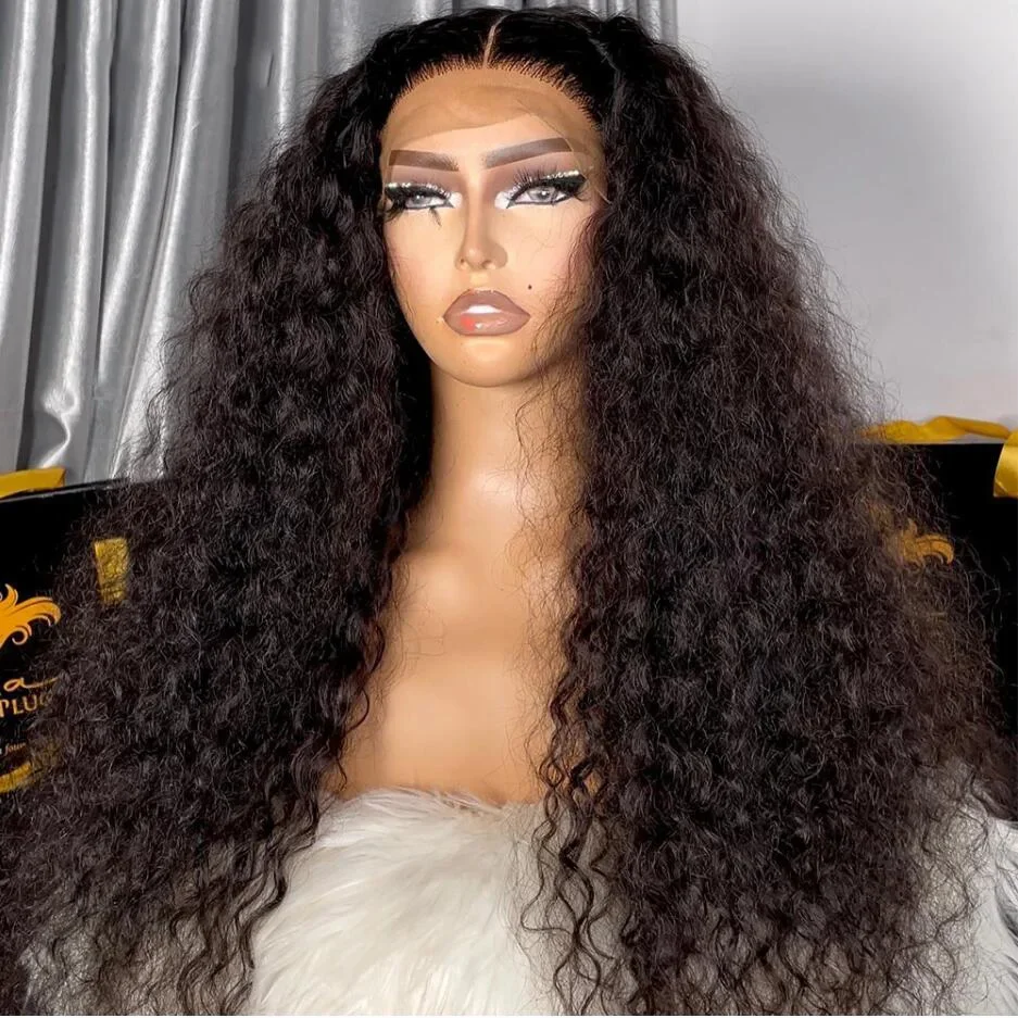 Perruque Lace Front Wig crépue bouclée sans colle pour femmes noires, cheveux de bébé, délié naturel pré-plumé, long, noir doux, densité 180, 26 po