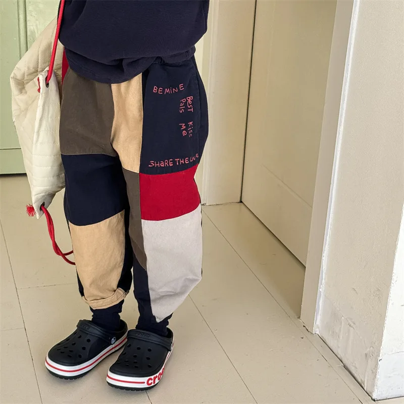 

2025 Spring New Children Casual Pants Fashion Patchwork Boys Harem Pants Letter Print Girls Loose Trousers Cotton Kids Clothes