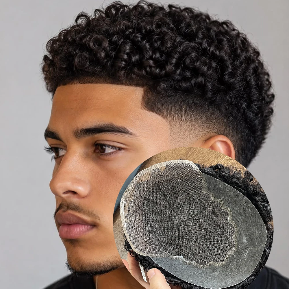 Undetectable Bleached Knots Q6 Invisible Lace&PU Men's Toupee Afro 8mm 12mm 15mm Curly Natural Human Hair African American Wigs