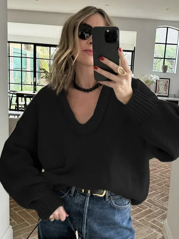 Elegant Deep V-neck Casual Sweater For Women Fashion Solid Loose Long Sleeve Knitted Pullover 2024 New Female Chic Street Jumper