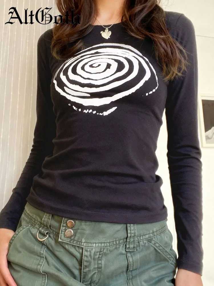 

AltGoth Aesthetic Y2k E-girl Basic T-shirt Women Gothic Streetwear Cyber Punk Harajuku Printed O-neck Long Sleeve Tee Tops Femme