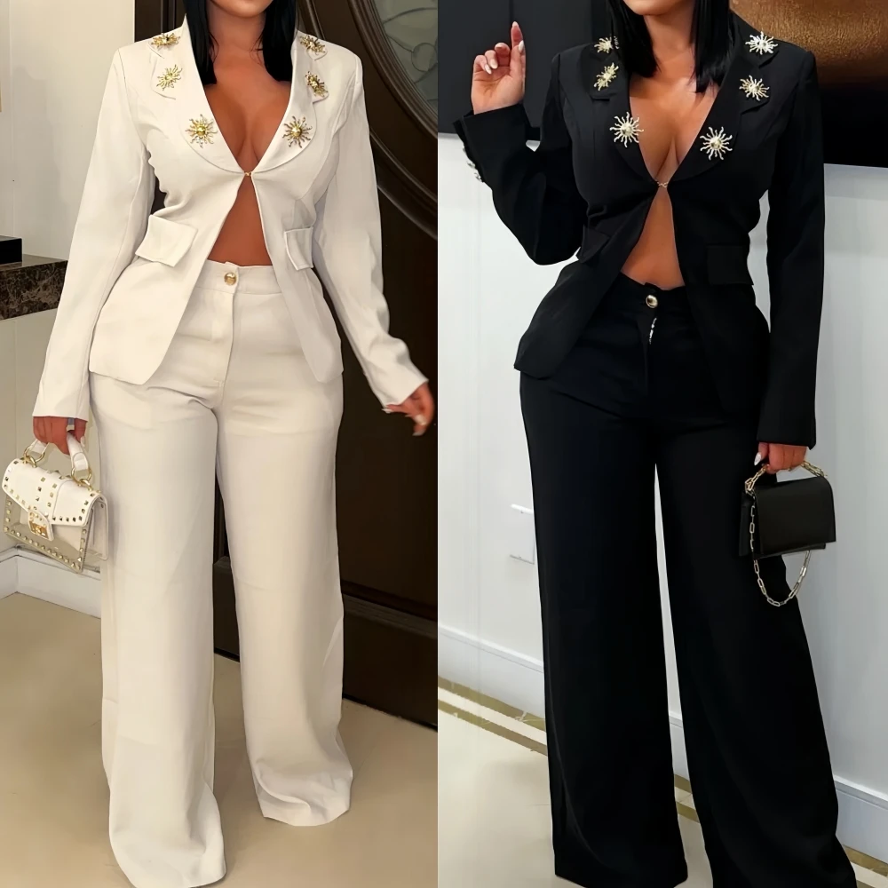 

HLJ Elegant Two Piece Set Women Outfits Solid Color Long Sleeves Deep V-neck Blazer + Straight Leg Pants Suit Female Streetwear
