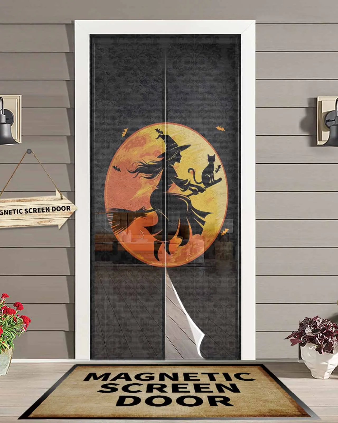 

Retro Witch Cat Halloween Magnetic Door Curtain Living Room Bedroom Home Anti-mosquito Screen Door Curtain