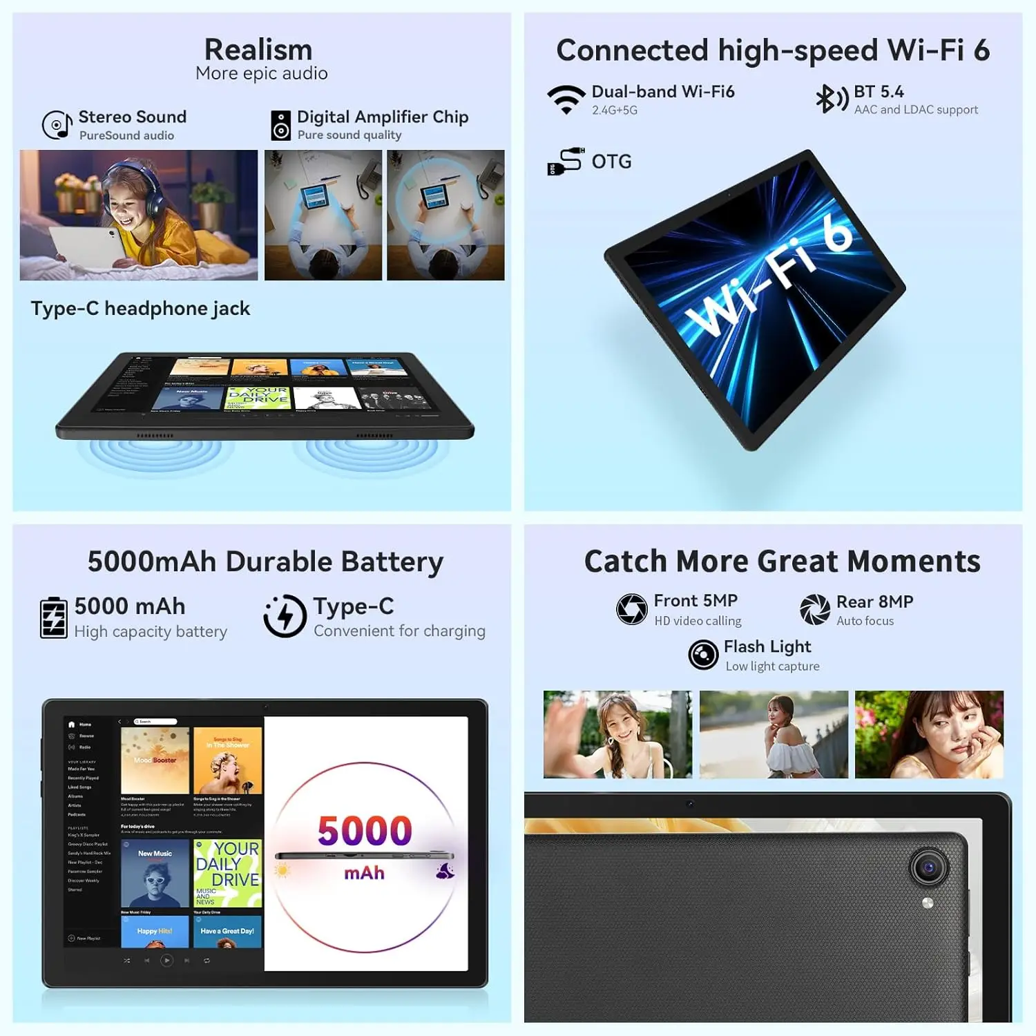 URAO Tablet da 10 pollici Android 14 8 GB (3 + 5 Espandi) RAM 64 GB ROM 1 TB Espandi 1280x800 Schermo IPS Batteria da 5000 MAH Doppia fotocamera WiFi 6