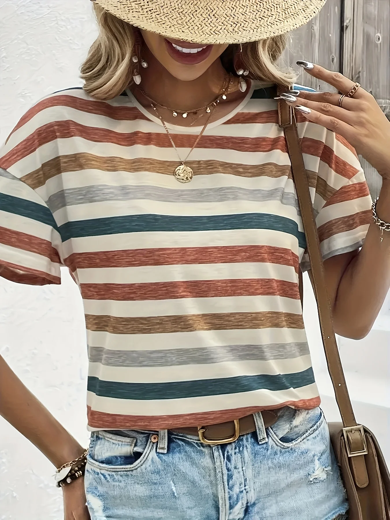 SEASONMARK 2026, Camiseta de Verano para Mujer, con Estampado de Rayas, Cuello Redondo, Manga Corta, Informal, para Primavera y Verano