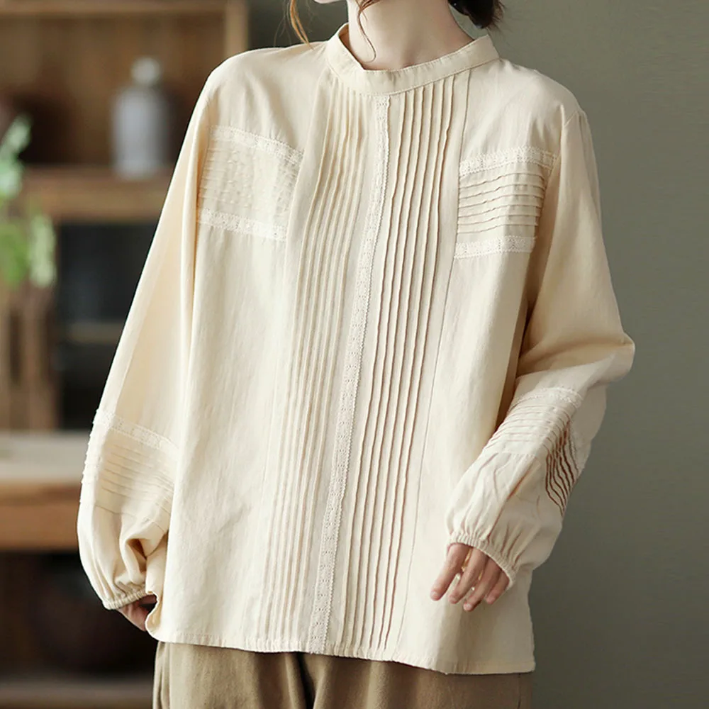 New Autumn Cotton Long Sleeve Shirt, Women Standing Collar Folds Top, Mori Girl Fashion Sweet Loose Blouses, Winter T48830QM