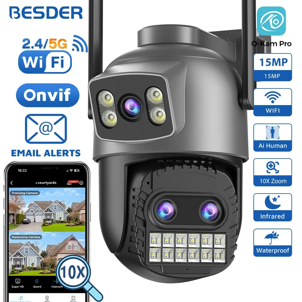 BESDER 12MP WLAN-Kamera für Außenbereich mit Doppelbildschirm, 10-fachem Digitalzoom, CCTV-Videoüberwachungskamera, PTZ, 15MP Sicherheits-IP-Kamera, O-Kam Pro