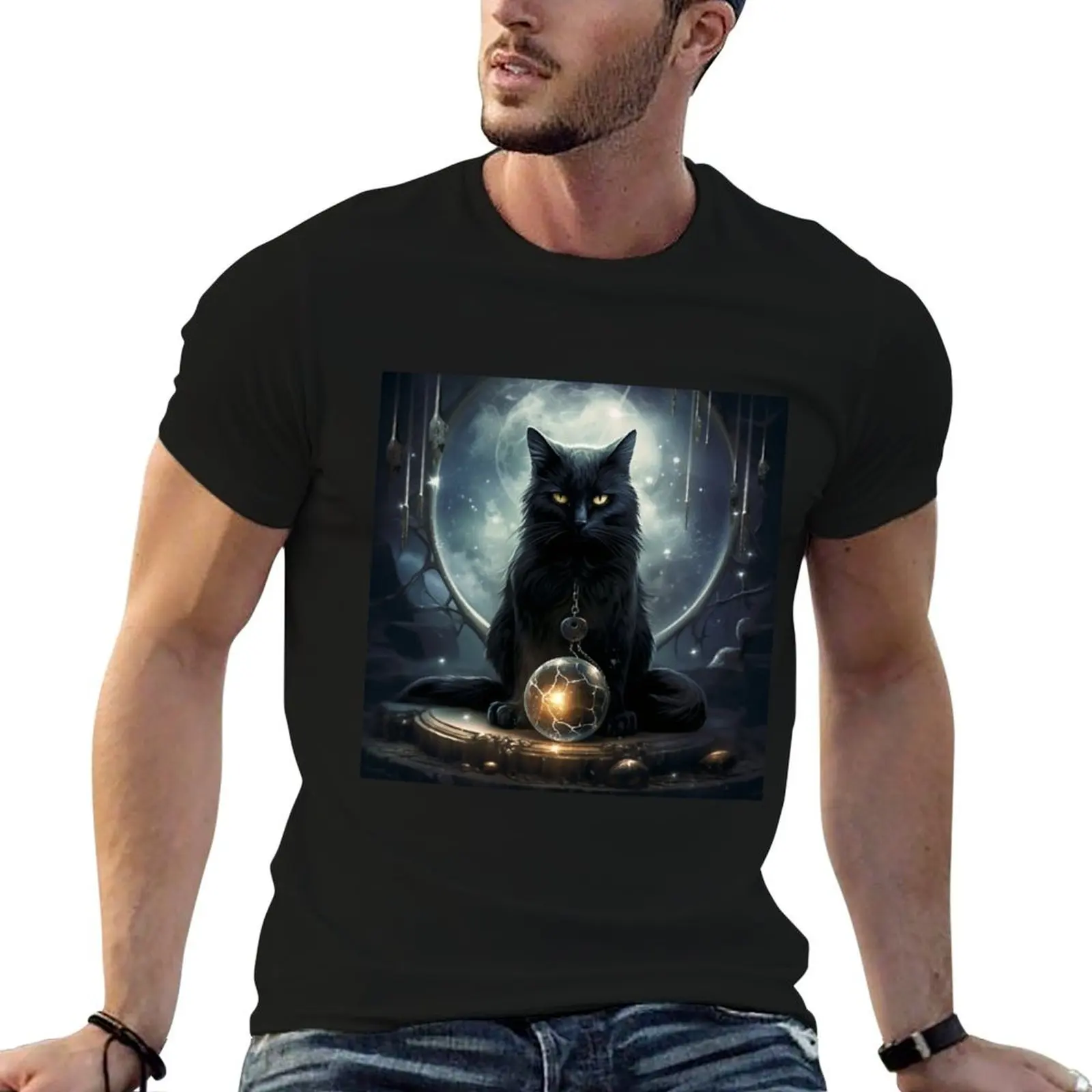 cat in front of crystal ball T-Shirt anime tshirt boys animal print kawaii clothes Short sleeve tee men